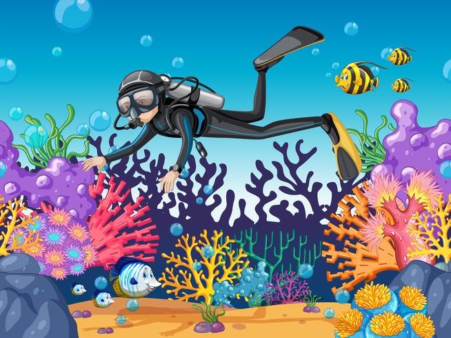 Scuba diver diving in beautiful reef vector