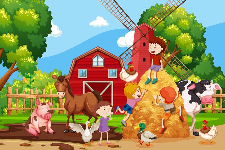 Escena de la granja con niños y animales. vector