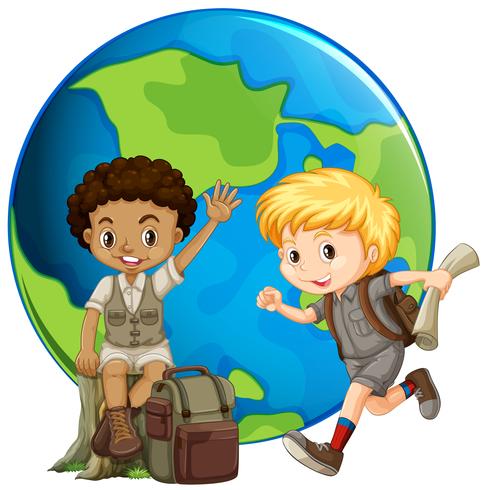 Two boys infront of the earth vector