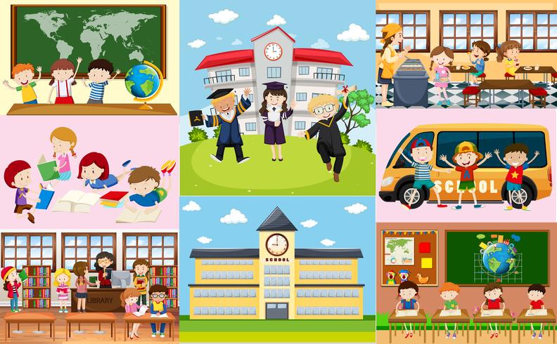 Different scenes at school with students vector