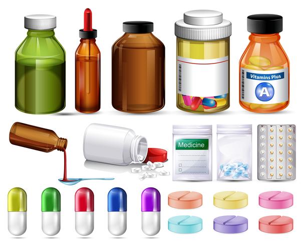 Set of pills and medicine containers vector