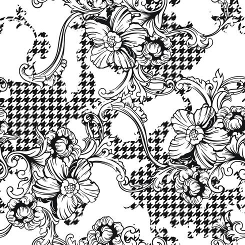Eclectic fabric plaid seamless pattern with baroque ornament. vector