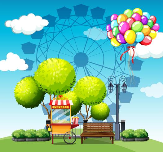 Parque con vendedor de palomitas y globos. vector