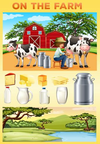 Tema de granja con granjero y productos lácteos. vector