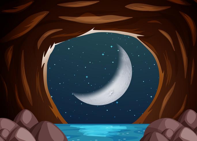 Un paisaje de cuevas de agua en la noche. vector