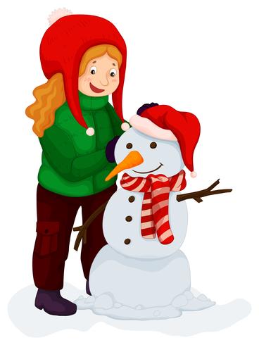 Girl playing with snowman vector