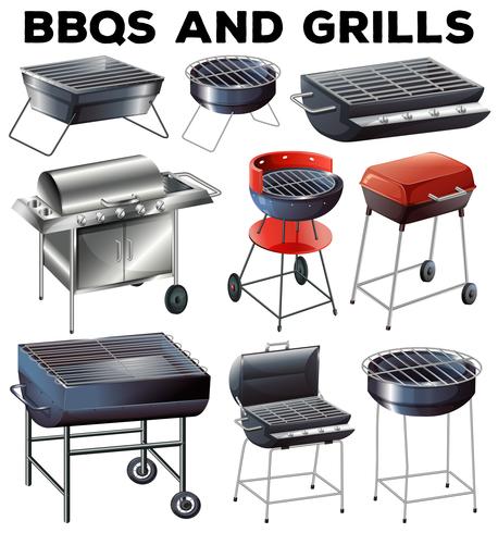 Conjunto de bbqs y equipamiento de parrillas. vector