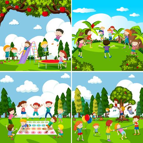 Conjunto de escenas de niños jugando. vector