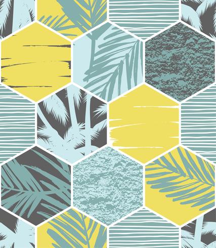 Seamless exotic pattern with palm leaves on geometric background vector