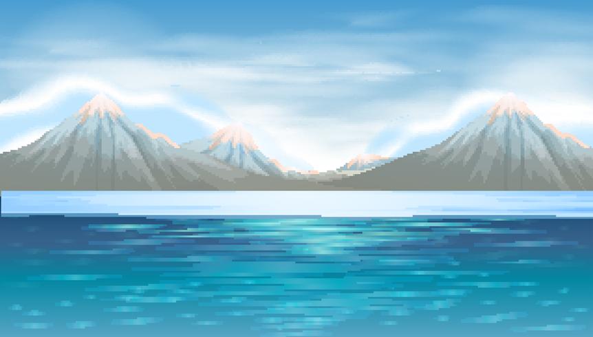 Escena de fondo con lago azul y montañas vector