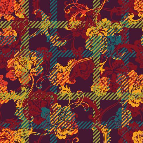 Eclectic fabric plaid seamless pattern with baroque ornament. vector