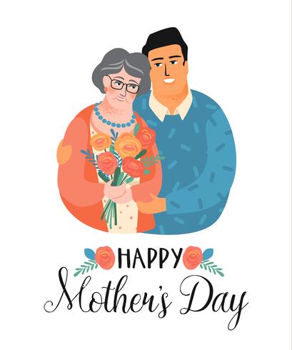 Happy Mothers Day. Vector illustration with man, woman and flowers.