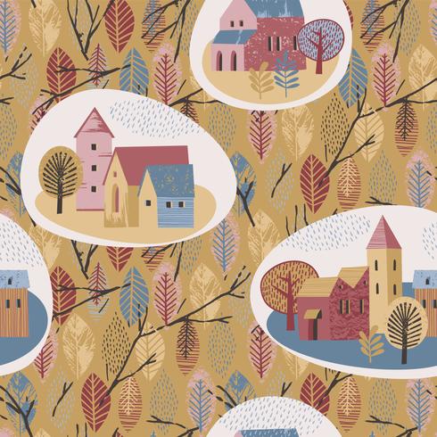 Vector seamless pattern of city in the rain. Autumn mood