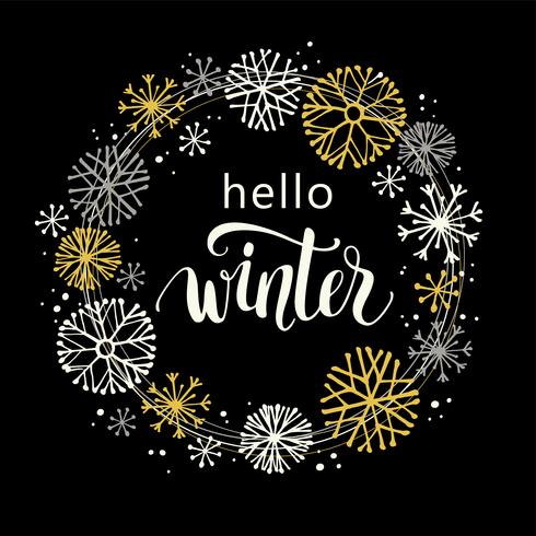 Winter lettering design on snow background with hand drawn snowflake frame. vector