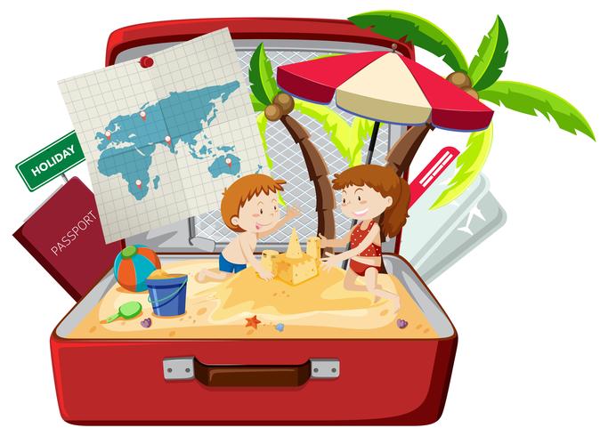 Children on the beach in luggage vector