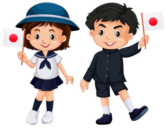 Boy and girl holding Japan flag vector