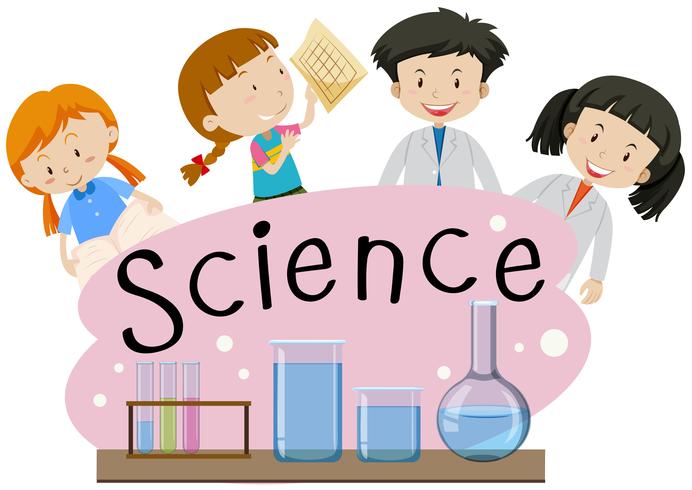 Flashcard for word science with kids in lab vector