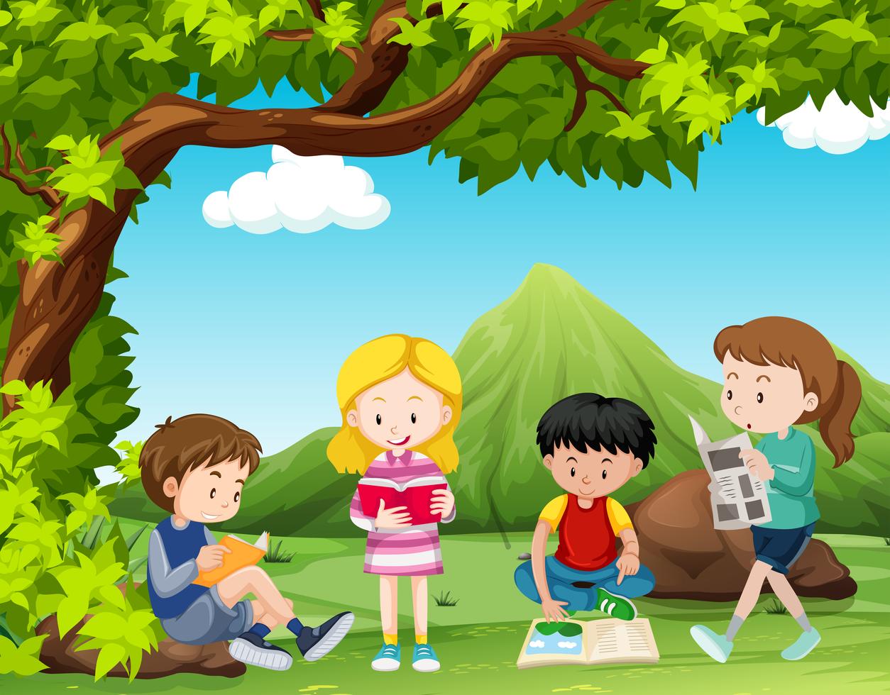 Four kids reading books under the tree 300951 Vector Art at Vecteezy