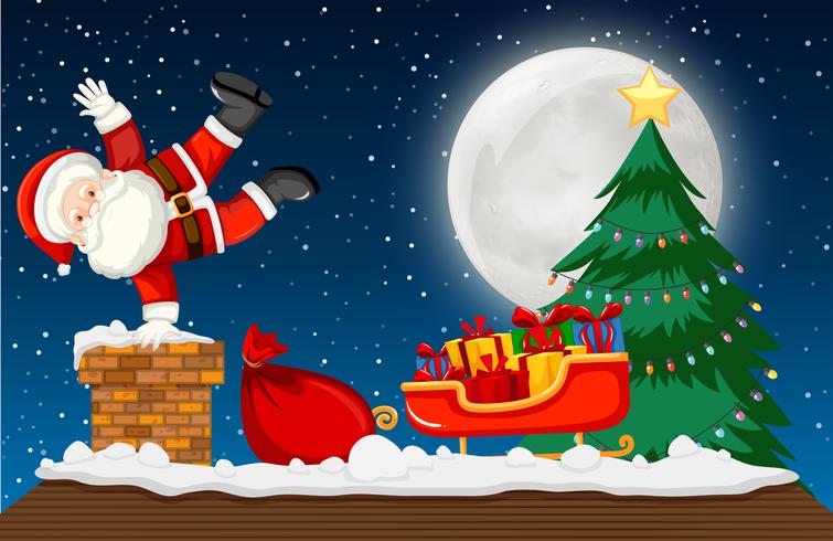 Santa going down chimney scene vector