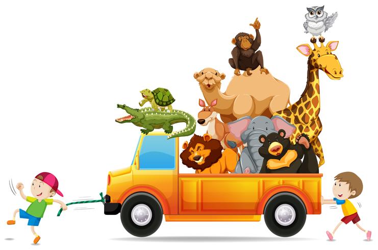 Children pulling a truck loaded with wild animals vector
