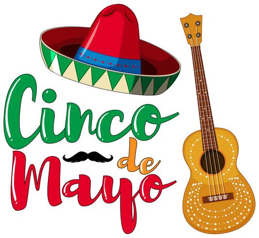 Diseño del cartel del Cinco de Mayo con sombrero y guitarra. vector