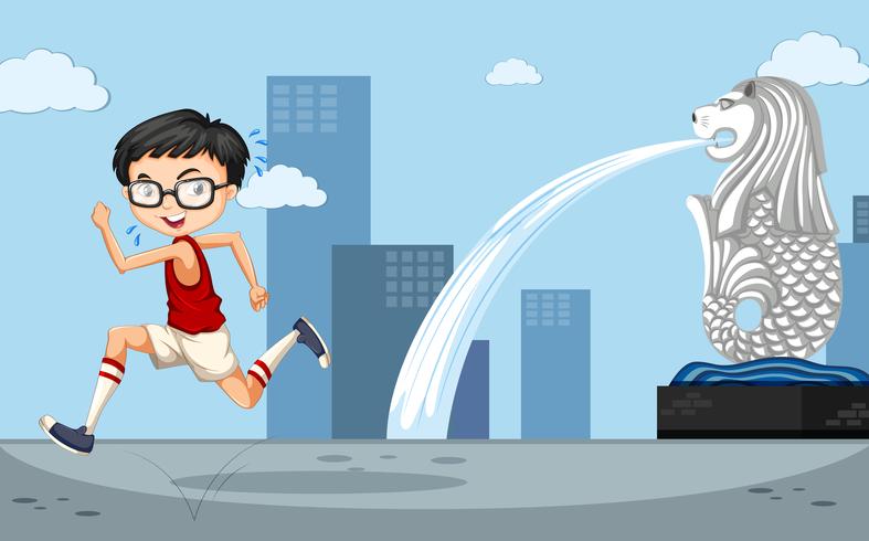 Escena de fondo con niño corriendo por el merlion vector