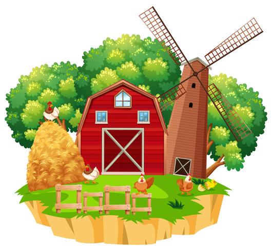 Farm scene with red barn and wooden windmill vector