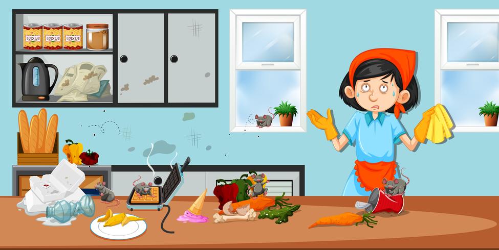 Housekeeper in dirty kitchen vector