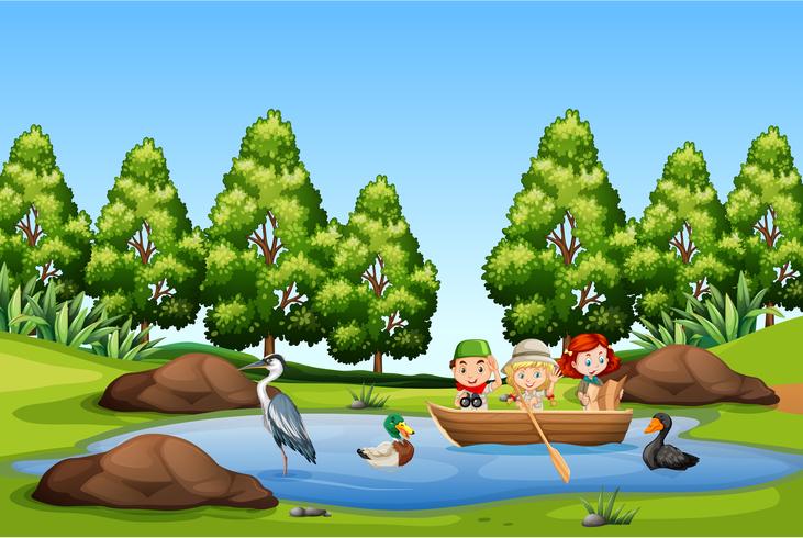 Children paddle boat in the lake vector