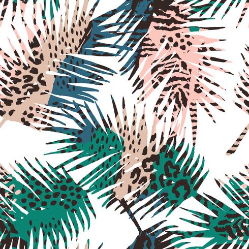 Trendy seamless exotic pattern with palm, animal print and hand drawn textures. vector