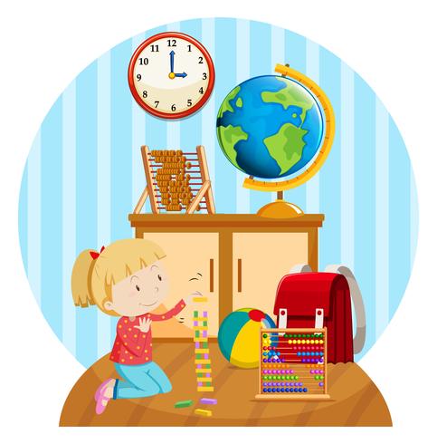 Little girl plays blocks in room vector