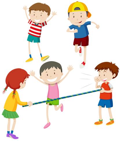 Niños y niñas jugando con bar. vector