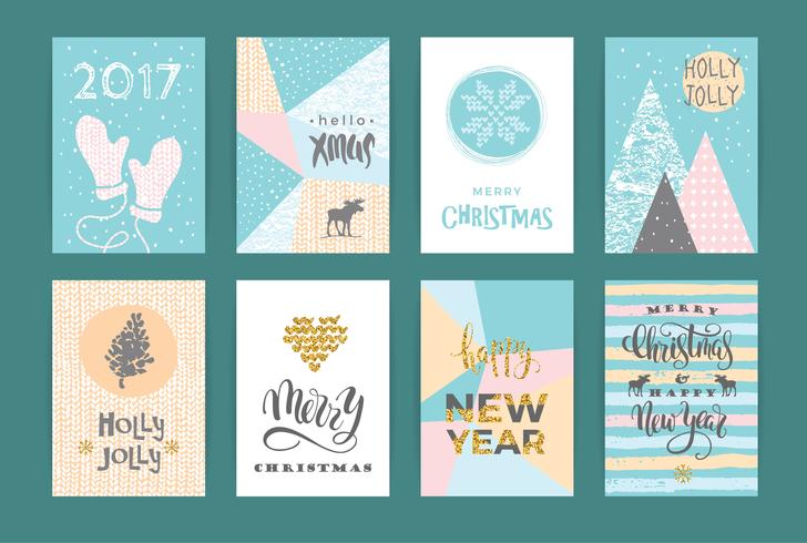 Conjunto de tarjetas creativas artísticas de feliz Navidad y año nuevo. vector