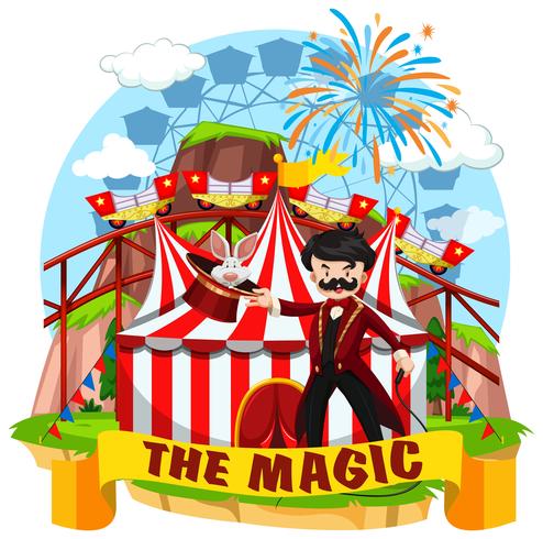 Circus scene with magician and rides vector