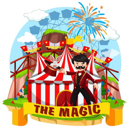 Escena de circo con mago y paseos. vector