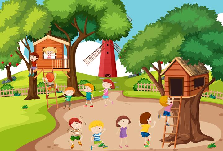 Children playing at tree house vector