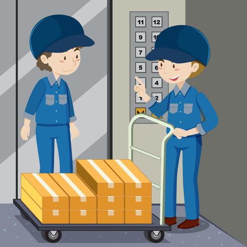 Two workers pushing boxes vector