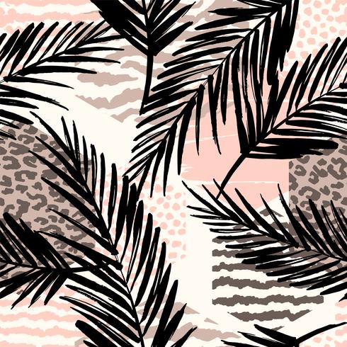 Abstract seamless pattern with animal print, tropical plants and geometric shapes. vector
