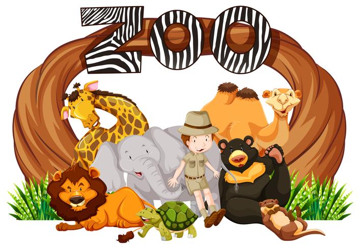 Zookeeper and wild animals at zoo entrance vector