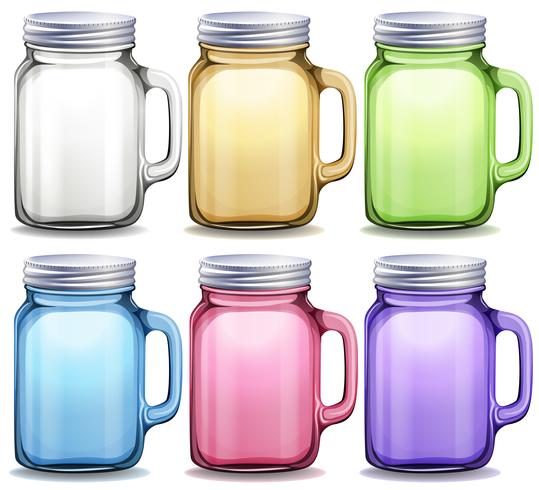 Glass jars in six different colors vector