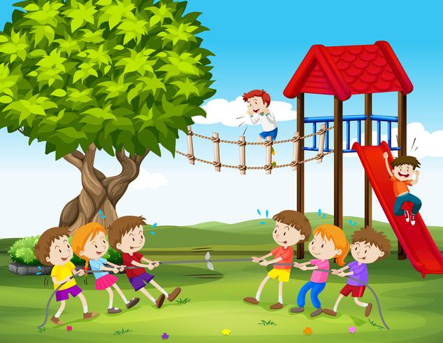 Children playing tug of war in the playground vector