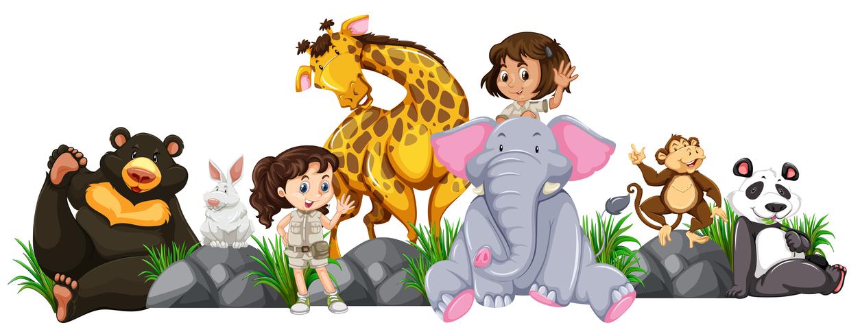 Chicas de safari y animales salvajes. vector