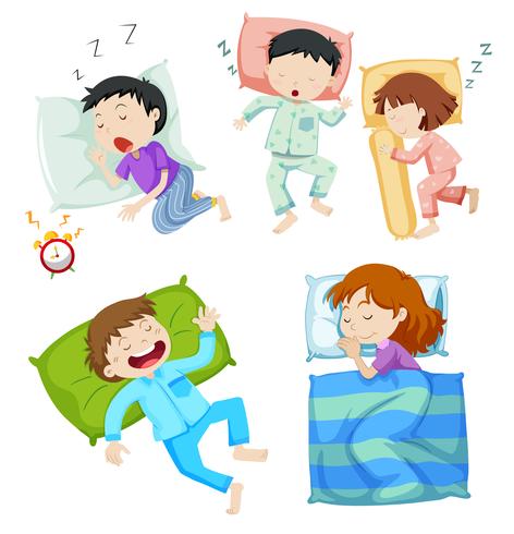 Chicos y chicas durmiendo en la cama. vector