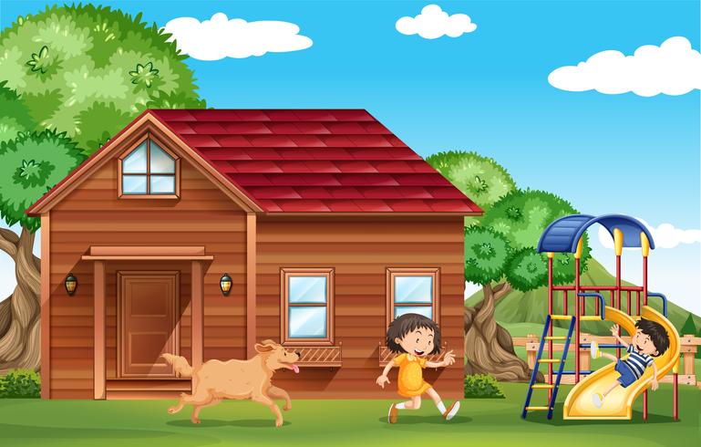 Children playing outside with dog - Download Free Vector Art, Stock Graphics & Images