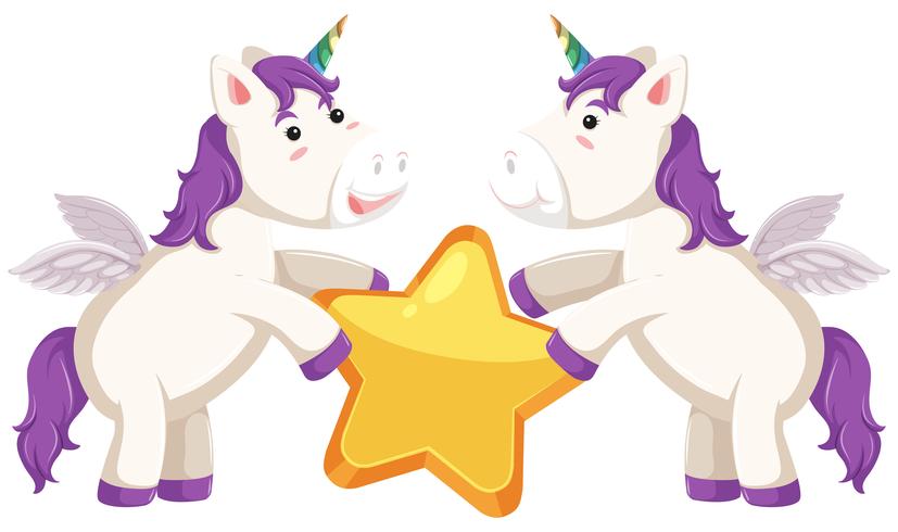 Unicornio sosteniendo estrella sobre fondo blanco vector