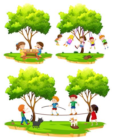 Un conjunto de niños jugando en la naturaleza. vector