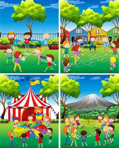 Four scene of children playing in the park vector