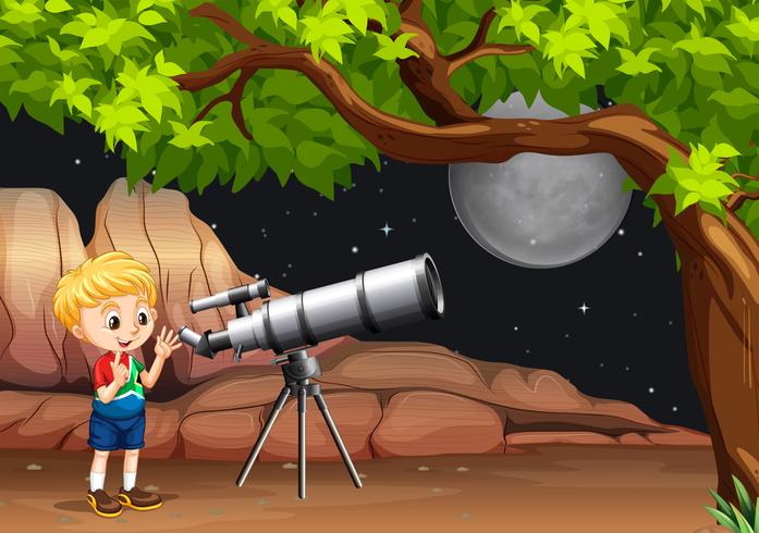 Boy looking through telescope at night vector