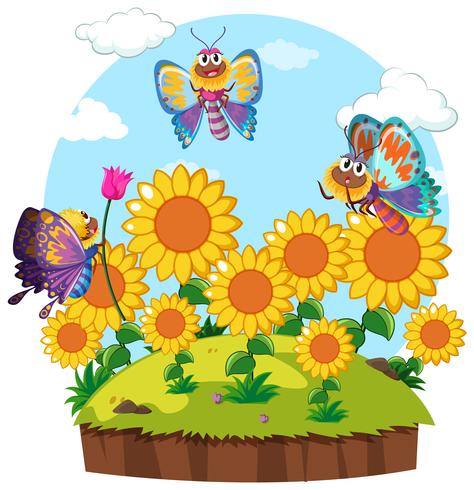 Butterflies flying around flower garden vector