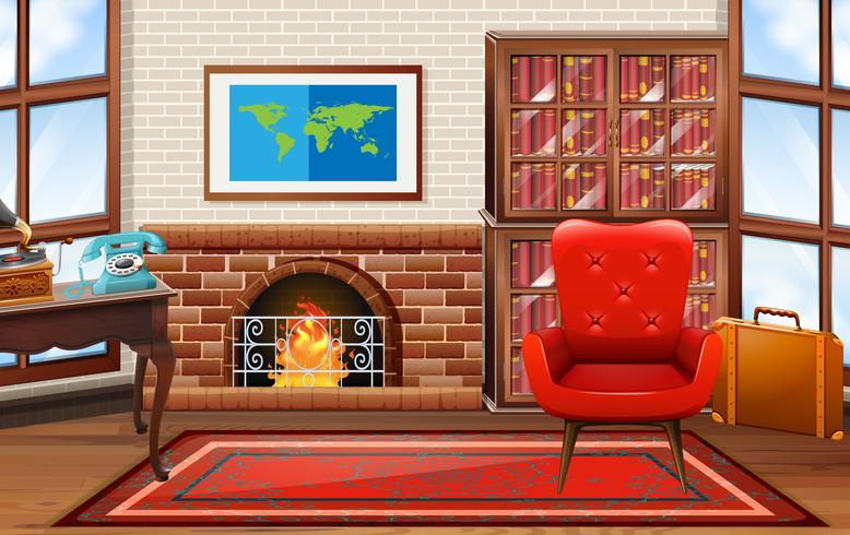 Room with fireplace and bookshelves vector